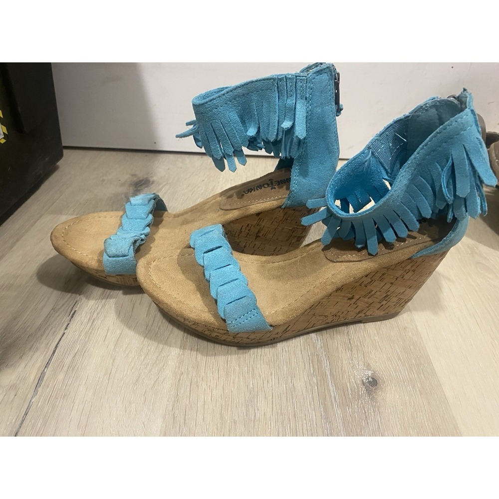 Minnetonka Nicki Cork Wedge Heel Sandals, Aqua Fringed Suede, Size 7